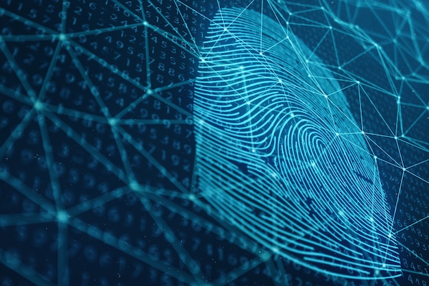 3Dイラストレーション指紋スキャンは、生体認証によるセキュリティアクセスを提供します。コンセプト指紋保護。バイナリコードによる指紋。デジタルセキュリティの概念