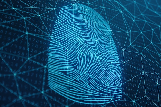 3D illustration Fingerprint scan provides security access with biometrics identification. Concept Fingerprint protection. Finger print with binary code. Concept of digital security.