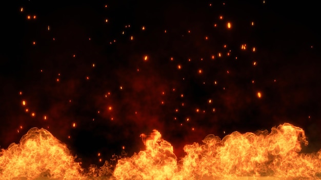 Трехмерная иллюстрация огня и горящих углей, светящихся огненными светящимися частицами на черном фоне
