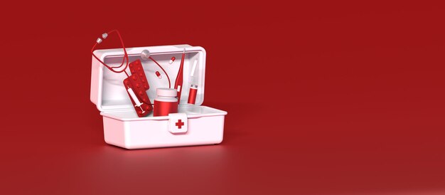 Photo 3d illustration of a first aid kit with a bottle of pills a stethoscope a syringe and pills in a blister a thermometer and a vaccine on a red background