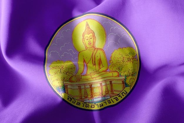 3d illustration flag of amnat charoen is a province of thailand waving on the wind flag with inscription with name of the region in thai