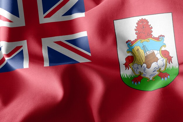 3D illustration flag of Bermuda is a region of United Kingdom Waving on the wind flag textile background