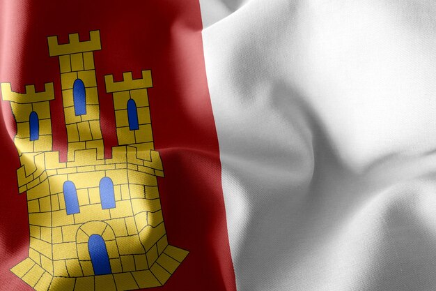 3D illustration flag of Castilla–La Mancha is a region of Spain Waving on the wind flag textile background