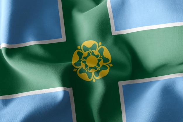 3D illustration flag of Derbyshire is a county of England Waving on the wind flag textile background