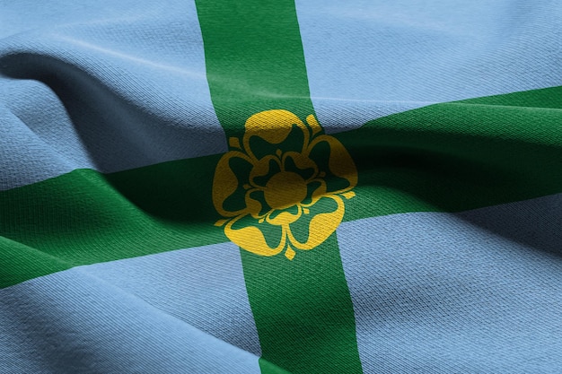 Photo 3d illustration flag of derbyshire is a region of england waving on the wind