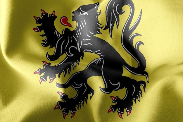 3D illustration flag of Flanders is a region of Belgium. Waving on the wind flag textile background