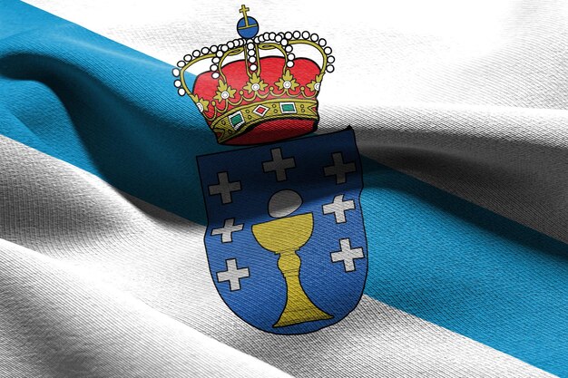 3D illustration flag of Galicia is a region of Spain Waving on the wind