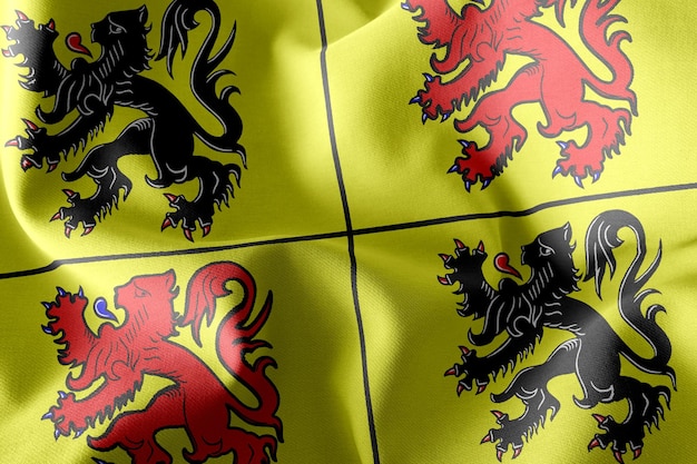 エノーの3Dイラスト旗はベルギーの州です。風の旗のテキスタイルの背景に手を振る
