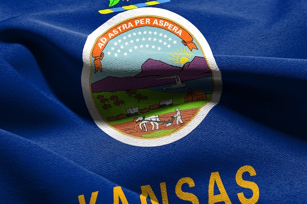 3D illustration flag of Kansas is a state of United States Waving on the wind