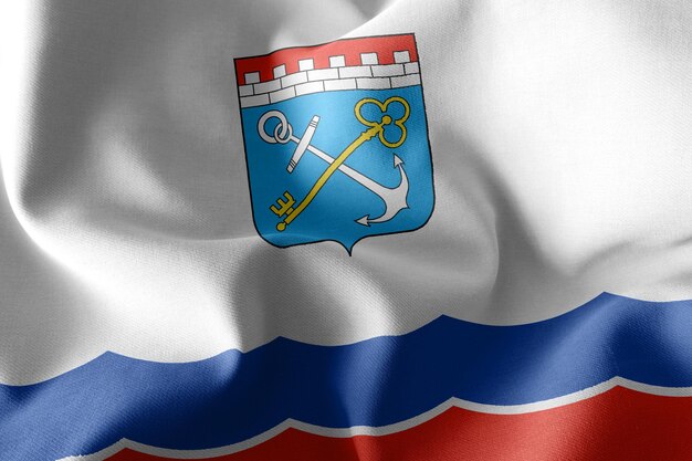Трехмерная иллюстрация флага Ленинградской области - региона России, развевающегося на ветровом текстильном фоне флага