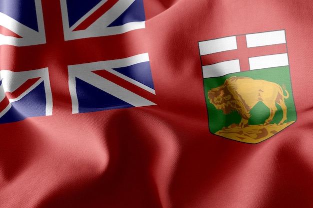 Трехмерный иллюстрационный флаг Манитобы - регион Канады. Размахивая на фоне текстильного флага ветра