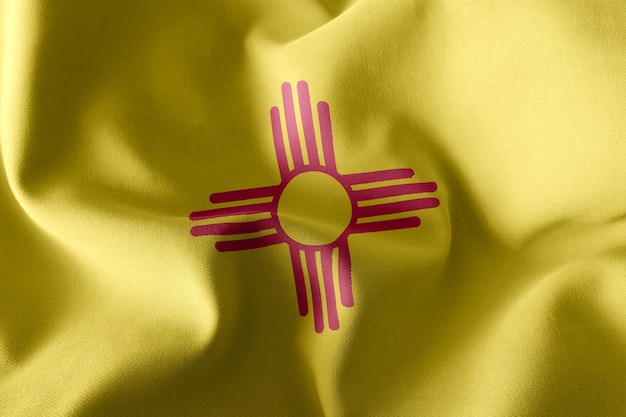 3D illustration flag of New Mexico is a region of United States Waving on the wind flag textile background