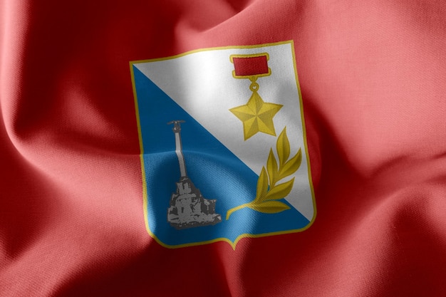 3D illustration flag of Sevastopol is a region of Russia Waving on the wind flag textile background