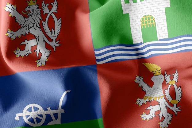 ウースチー・ナド・ラベムの3Dイラストの旗は、風の旗の織物の背景に手を振っているチェコ共和国の地域です