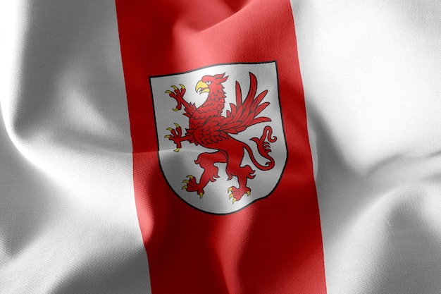 西ポモージェVoivodshipの3Dイラスト旗は、風の旗の織物の背景に手を振っているポーランドの地域です
