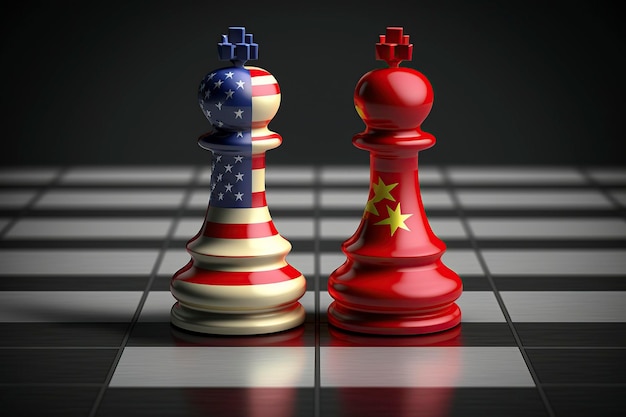 사진 미국과 중국의 3d 발을 체스판의 에 그린 일러스트레이션
