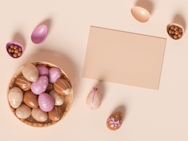 3D Illustration. Flay lay of Blank paper and easter eggs with different colors