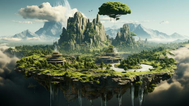 3D illustration floating land with waterfalls green grass trees and mountains Forest island flying in air with beautiful scenery isolated from clouds