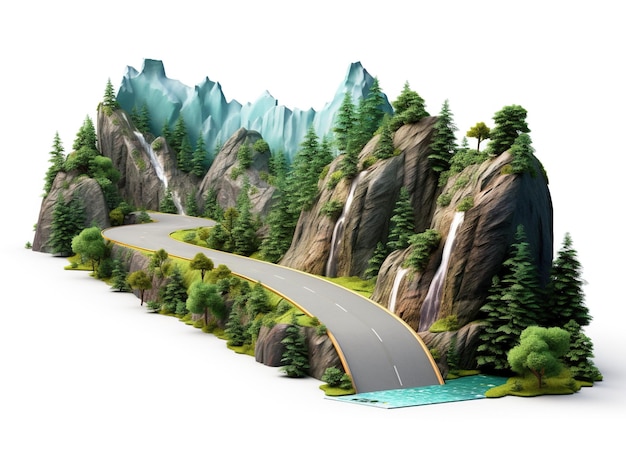 아름다운 풍경을 감상할 수 있는 떠다니는 도로의 3d 그림 격리된 여행 및 휴가 도로 광고