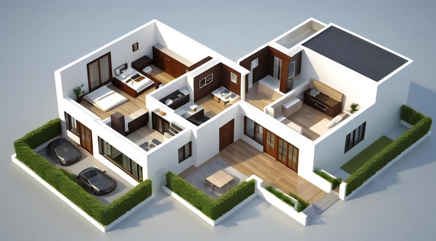 3D illustration floor plan of a house modern cozy house isolated on white background