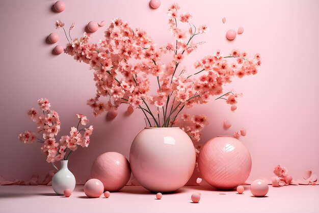 모노크롬 배경에 장식 된 꽃병에 분홍색 꽃의 3D 일러스트레이션