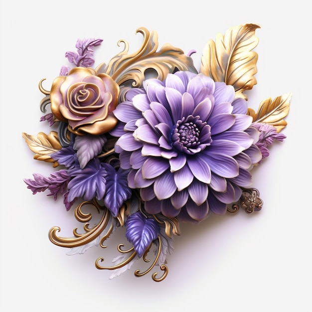 A 3d illustration of flowers with gold leaves and vines.