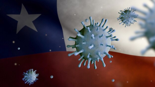 3D illustration flu coronavirus floating over Chilean flag, pathogen attacks respiratory tract. Chile banner waving with pandemic Covid19 virus infection concept. Closeup of real fabric texture ensign
