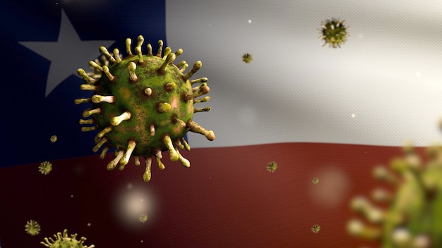 칠레 플래그 위에 떠있는 3D 그림 독감 코로나 바이러스, 병원체는 호흡기를 공격합니다. 유행성 Covid19 바이러스 감염 개념을 흔들며 칠레 배너. 실제 패브릭 질감 소위의 근접 촬영