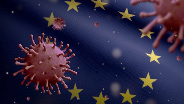3D illustration Flu coronavirus floating over European Union flag, pathogen attacks respiratory tract. Europe banner waving pandemic Covid 19 virus infection concept. Fabric texture ensign