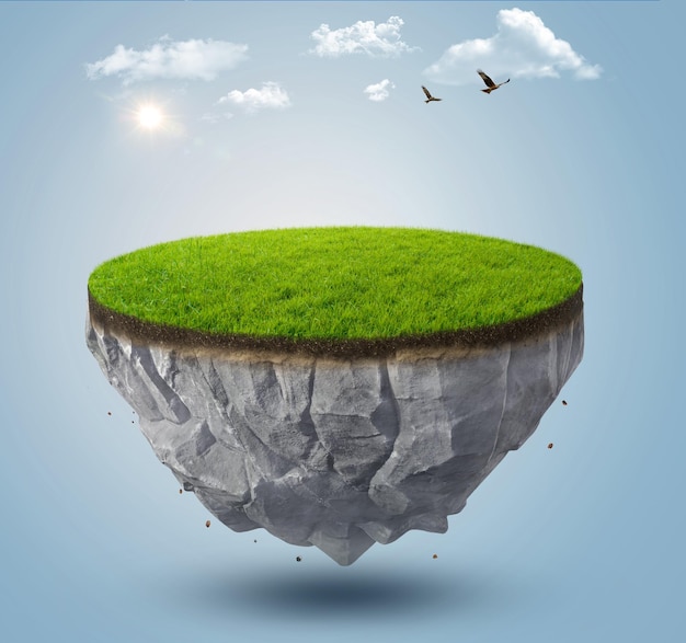 3d illustration of flying paradise rock floating island with green grass field isolated. surreal 3d.