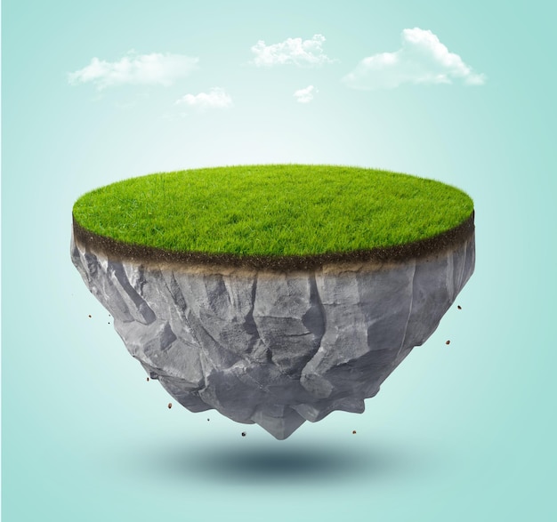 3d illustration of flying paradise rock floating island with green grass field isolated. surreal 3d