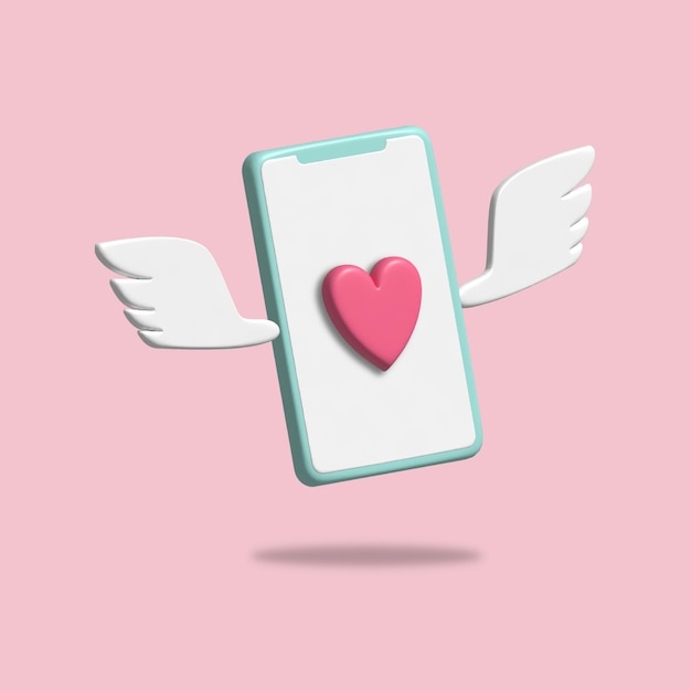 3d illustration of flying smartphone with wings and heart icon