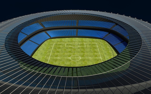 Foto illustrazione 3d di uno stadio di calcio con campo verde