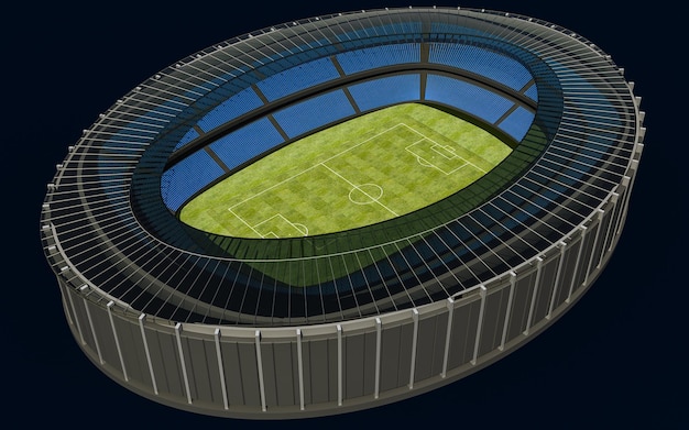 Foto illustrazione 3d di uno stadio di calcio con campo verde