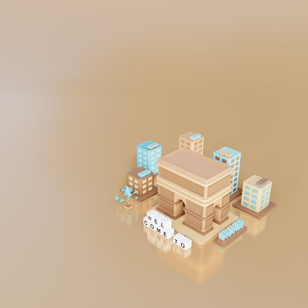 3d illustration france city view and green space and arc de triomphe as landmark