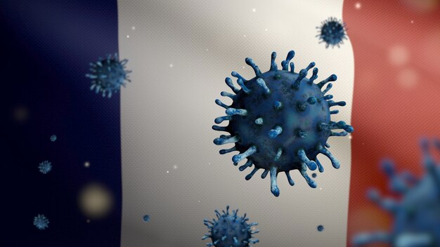 Illustrazione 3d bandiera francese che sventola con l'epidemia di coronavirus che infetta il sistema respiratorio come influenza pericolosa. influenza di tipo covid 19 virus con bandiera nazionale francese che soffia sullo sfondo. rischio pandemia