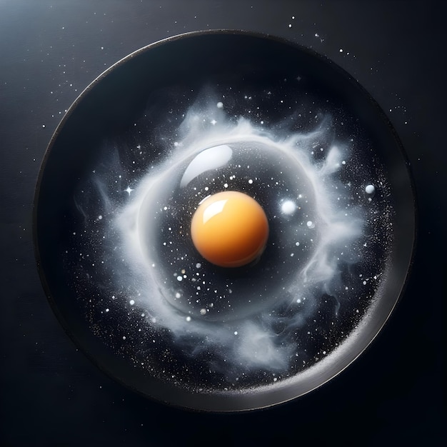 3D illustration of a fried egg in a black frying pan with a cosmic atmosphere surrounding it