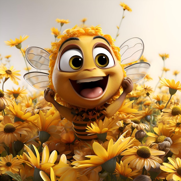 Photo 3d illustration of funny bee in the daisy flower field