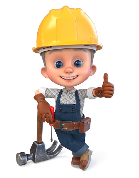 3D illustration funny boy in construction helmet and overalls