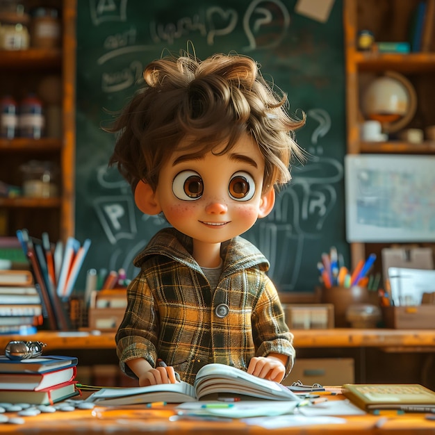 3d illustration of a funny boy with a pencil and a notebook studying at school