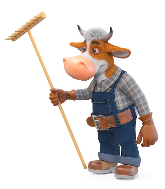 3d illustration funny bull is a farmer engaged in agriculture