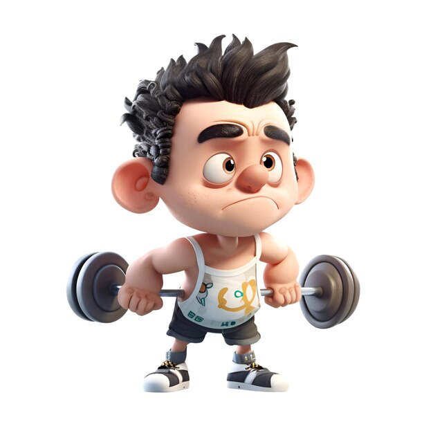 3D illustration of a funny cartoon character with dumbbells