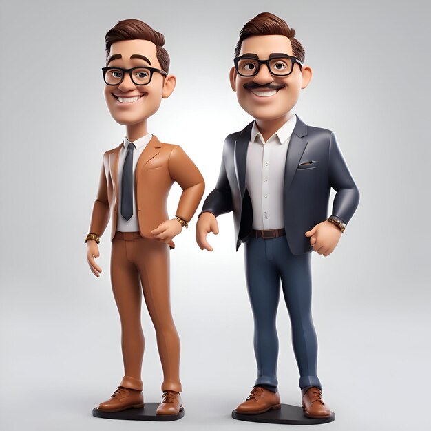 Foto illustrazione 3d di un comico cartone animato con occhiali e un uomo in abito
