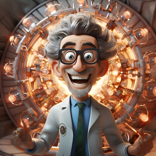 3d illustration of a funny cartoon scientist in lab coat and glasses