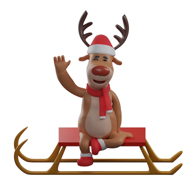 3D illustration Funny face 3D Christmas Reindeer Image sitting in a sleigh with a waving hand pose