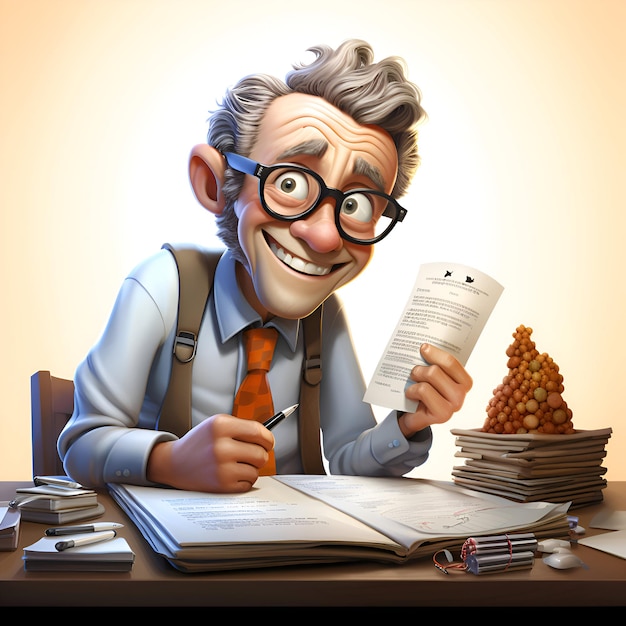 3d illustration of a funny nerd studying at his desk with books