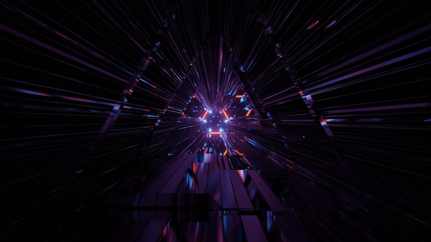 3D illustration of futuristic abstraction with bright purple neon beams in darkness as background