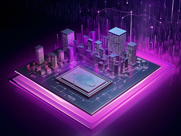 3d illustration of futuristic city with circuit chip board 3d rendering