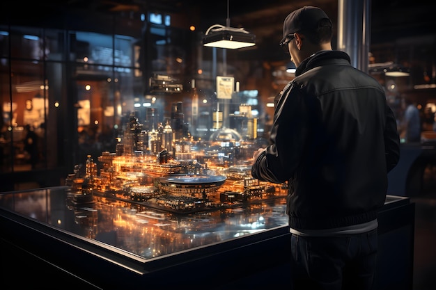 3D illustration of a futuristic engineering control that gives engineer control over everything via 3D holographic model in the control room Concept of working in the industrial factory of the future