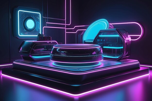 3D Illustration Futuristic product platform with neon glowing lights